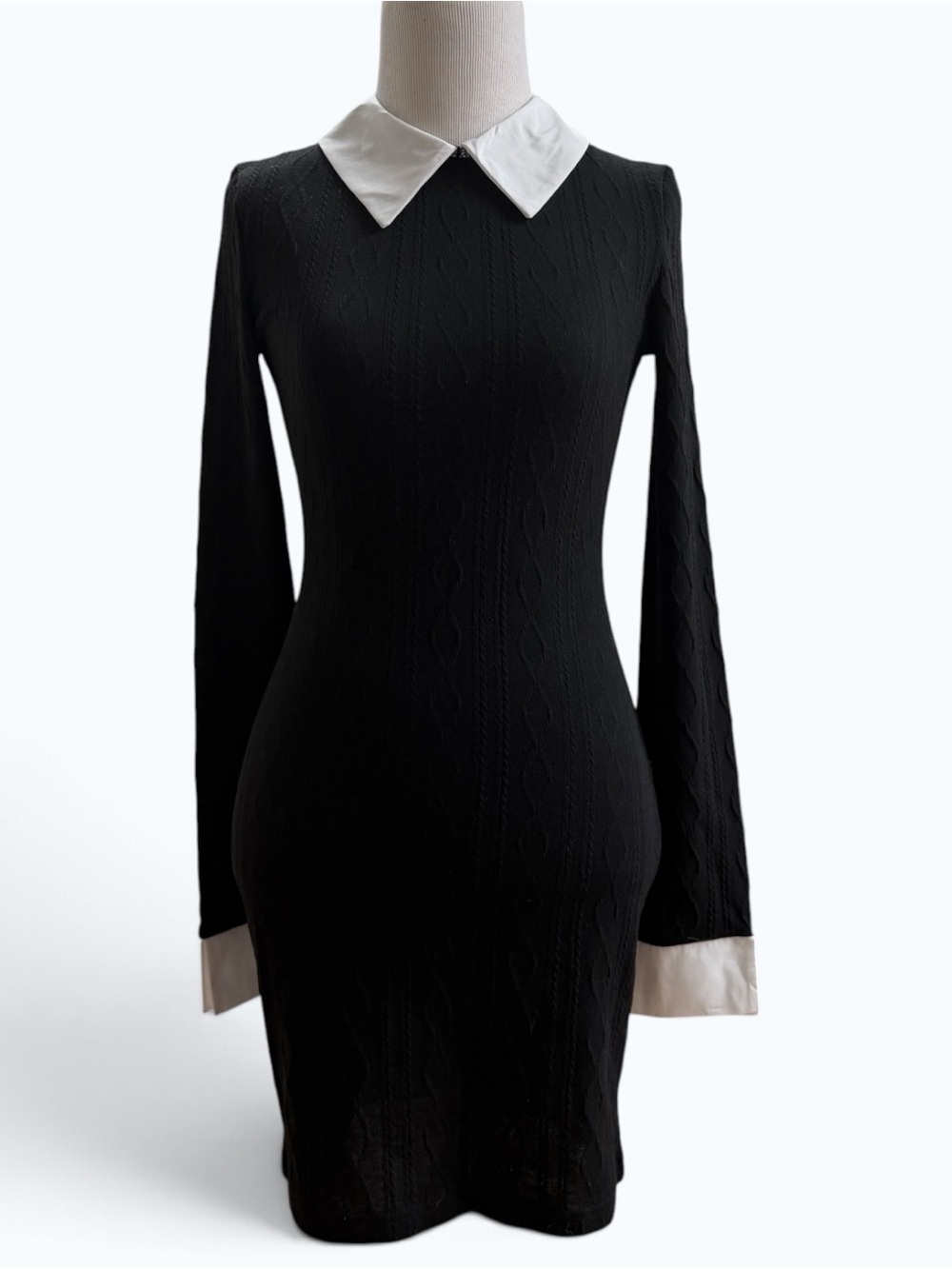 Black Long-Sleeve Knit Dress with White Collar and Cuffs, Size S, MSRP $28